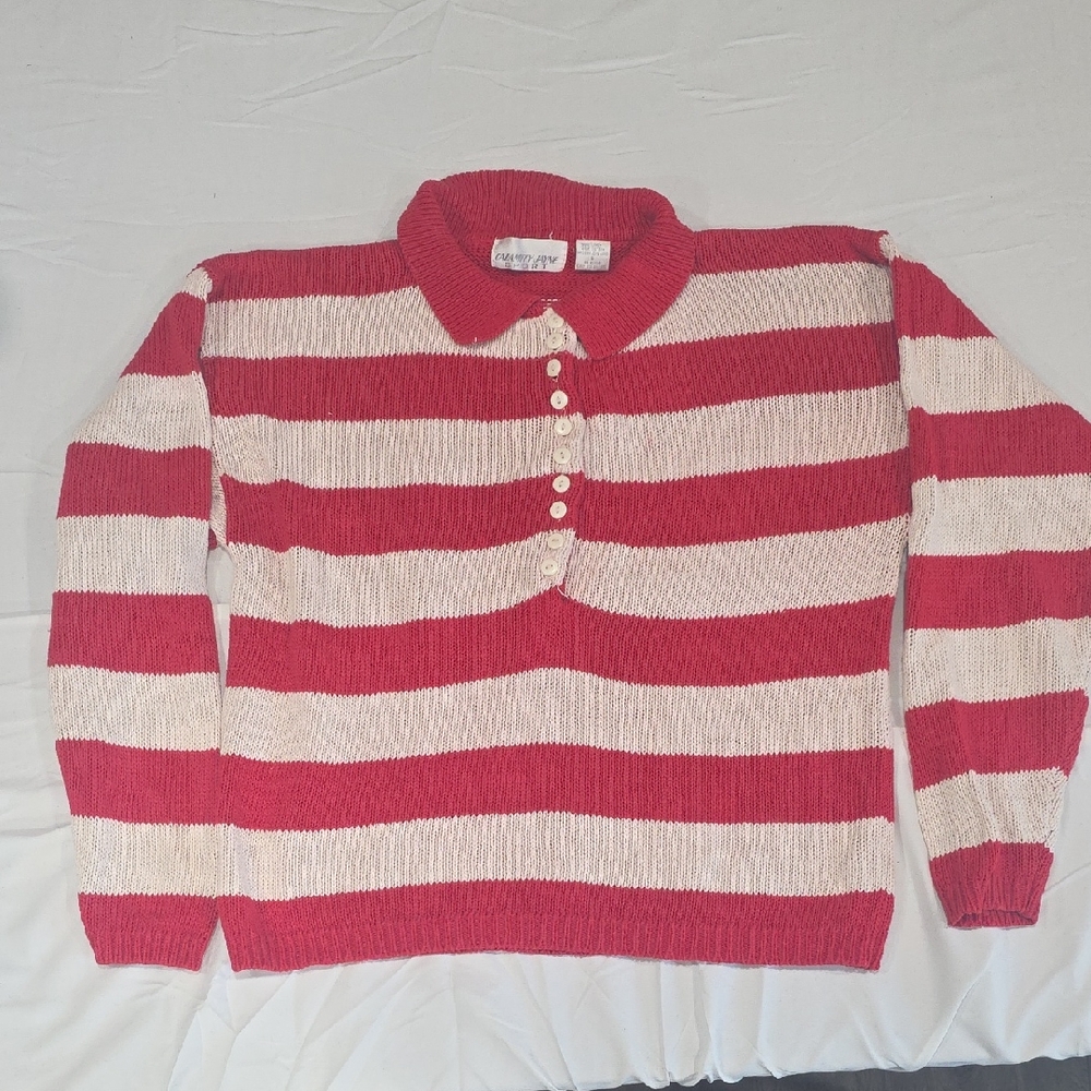 Striped Red and Cream Women's Button-Up Sweater